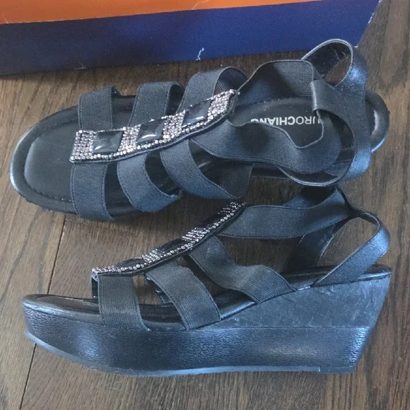 Arturo Chiang Black Strappy Wedges with Embellishments - Picture 5 of 5